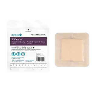 Dynarex 3059 Dürma+ SiliGentle Silicone Bordered Foam Dressings with Durma packaging on a white background