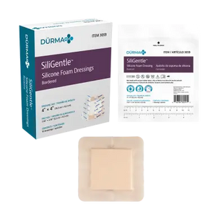Dynarex 3059 Dürma+ SiliGentle Silicone Bordered Foam Dressings packaging and a single dressing on a white background.
