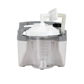 Clear and gray Dynarex 32305 Resp-O2™ Homecare Portable Suction Unit with a white lid on a white background