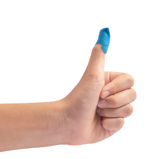 Hand giving a Dynarex 3762-50 DynaSafety Blue Metal Detectable Woven Bandage Fingertip on the thumb against a white background