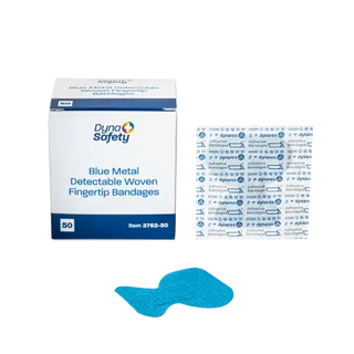 Box of Dynarex 3762-50 DynaSafety Blue Metal Detectable Woven Bandage Fingertip on a white background