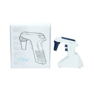 White Dynarex 40140 LabChoice Pipette Filler with blue accents next to its packaging on a white background