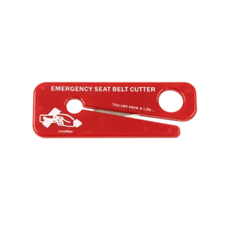 Red emergency seat belt cutter with text on a white background