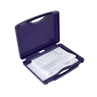 Dynarex 4500 DynaSafety Overdose Emergency Kit Case  with a white interior containing small round objects and a pen on a white background