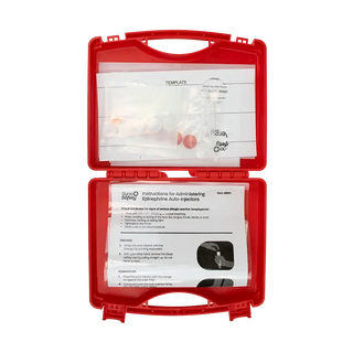 Red safety kit with instructional materials on a white background