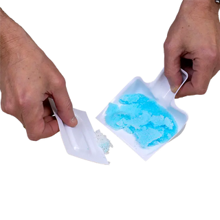 Hands opening a packageDynarex 4721 DynaSafety Biohazard Scoop and Scraper containing blue gel packs on a white background