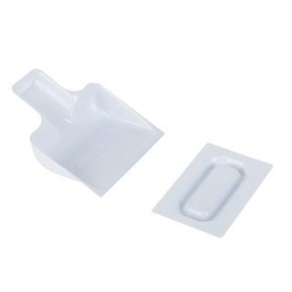 Two white plastic Dynarex 4721 DynaSafety Biohazard Scoop and Scraper components on a white background