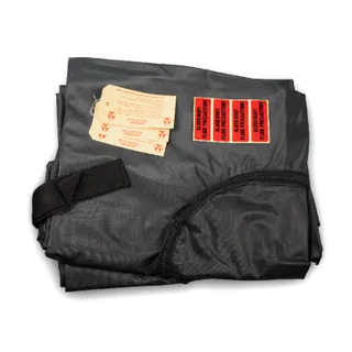Black Dynarex 4776 Code Blue Care Post-Mortem Bags with tags on a white background