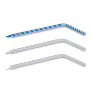 Three Dynarex Air-Water Syringe Tips, one blue and one white and one clear,  on a white background