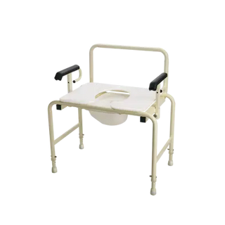 Beige Dynarex Bari+Max Bariatric HD Drop Arm Commode with black handles on a white background