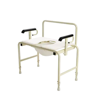 Dynarex Bari+Max Bariatric HD Drop Arm Commode with white seat and beige frame on a white background