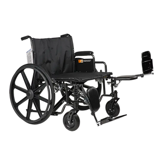 Black manual Dynarex Bari+Max Bariatric HD Wheelchair with Elevating Leg Rest with folded footrest on a white background