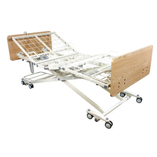 Dynarex D200 LTC 3 Function Low Bed with wooden side rails on a white background