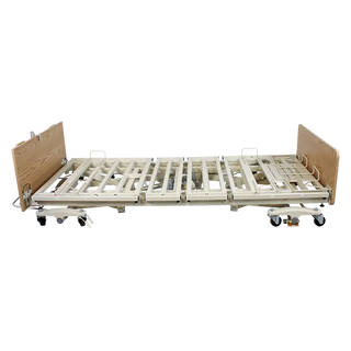Dynarex, DB300, Bari+Max, Bariatric, LTC 5 Function, Wood/Composite, Low Bed with wooden side rails on a white background
