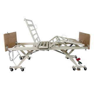 Dynarex, DB300, Bari+Max, Bariatric, LTC 5 Function, Wood/Composite, Low Bed with adjustable features on a white background