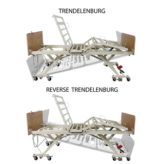 Two images of Dynarex, DB300, Bari+Max, Bariatric, LTC 5 Function, Wood/Composite, Low Bed showing 'Trendelenburg' and 'Reverse Trendelenburg' positions on a white background.