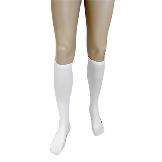 White knee-high Dynarex DynaFit Compression Stockings  on a mannequin leg against a white background