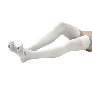 White Dynarex DynaFit Compression Stockings, Knee-Thigh on a mannequin leg against a white background