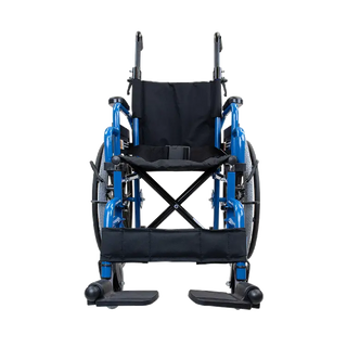 Blue and black Dynarex DynaRide Pediatric Wheelchair with Footrest on a white background