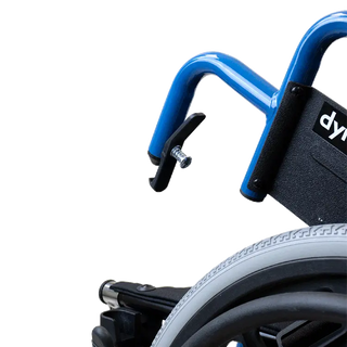 Close-up of a Dynarex DynaRide Pediatric Wheelchair with Footrest with blue armrest and visible brand logo on a white background