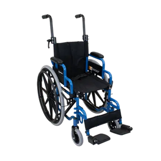 Dynarex DynaRide Pediatric Wheelchair with Footrest with blue frame and black seat on a white background