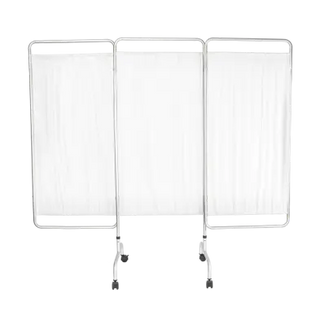 Portable room divider with three panels on wheels against a white background