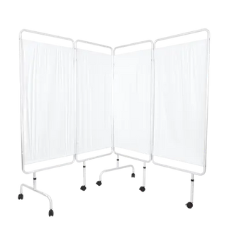 Portable three-panel privacy screen with wheels on a white background