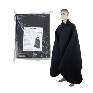 Black insulation blanket with packaging and a mannequin wearing it on a white background