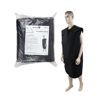 Black isolation gown on a mannequin with packaging labeled 'Isolation Gown' on a white background.