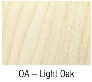 Close-up of light oak wood texture with 'OA - Light Oak' label.