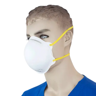 White face Dynarex N95 Particulate Respirator Mask with yellow strap on a mannequin head against a white background