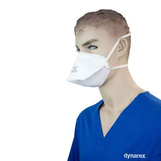 Mannequin wearing a white face Dynarex N95 Particulate Respirator Mask with 'dynarex' branding on a white background