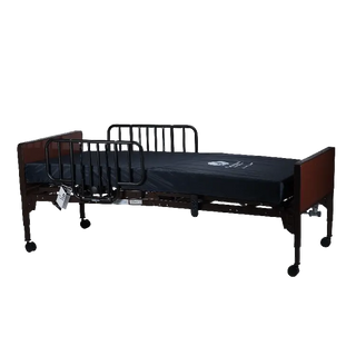 Dynarex Semi Electric Homecare Bed with wooden frame and metal side rails on a white background