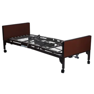 Dynarex Semi Electric Homecare Bed with wooden head and footboards on a white background