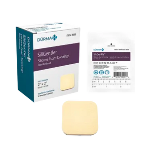 Dynarex SiliGentle 3055 Silicone Foam Dressing packaging and a single dressing on a white background.