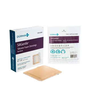 Dynarex SiliGentle 3060 Silicone Foam Dressing packaging and a single dressing on a white background