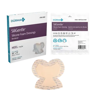 Dynarex SiliGentle 3061 Silicone Foam Dressing packaging and a single dressing on a white background
