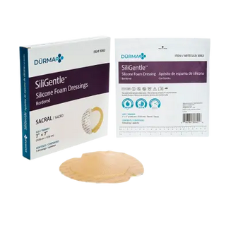 Dynarex SiliGentle 3062 Silicone Foam Dressing with packaging and a sample on a white background