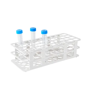 Test tube rack with three test tubes on a white background