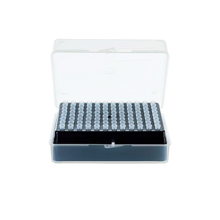 Clear Dynarex Universal Pipette Tips with Filter  container with small compartments on a white background