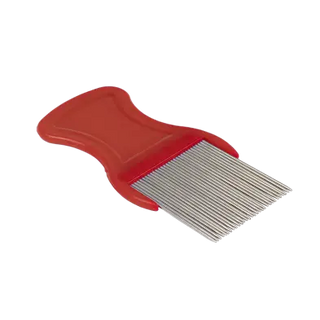 Red lice Dynarex WeCare ClearNit Metal Lice and Nit Removal Comb with metal teeth on a white background