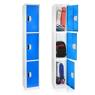 Alpine Industries ADI629-203 blue triple tier locker shown closed and open with gym gear on each shelf