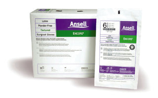 Two boxes of ENCORE® 293294_CS Surgical Glove, Latex Textured, Size 6.5, Standard Cuff Length, Ivory on a white background