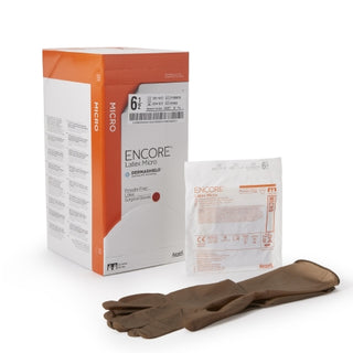 ENCORE® 362176_CS Surgical Glove, Latex Micro, Size 6.5 ,Sterile ,Standard Cuff Length ,Brown with a box and packaging labeled 'Encore' on a white background