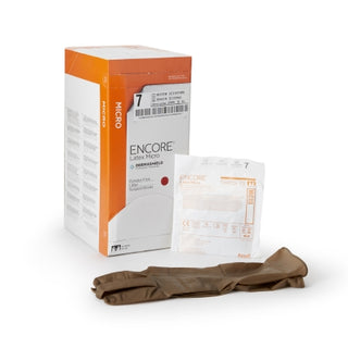 ENCORE® 362177_CS Surgical Glove, Latex Micro, Size 7 ,Sterile ,Standard Cuff Length ,Brown packaging on a white background