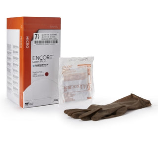 ENCORE® 362178_CS Surgical Glove, Latex Micro, Size 7.5 ,Sterile ,Standard Cuff Length ,Browns with packaging on a white background