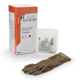 ENCORE® 362179_CS Surgical Glove, Latex Micro, Size 8 ,Sterile ,Standard Cuff Length ,Brown with packaging on a white background