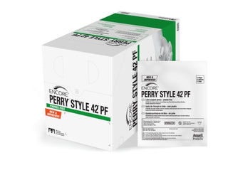 Two boxes of ENCORE® Perry® Style 42® PF 1012596_CS Surgical Glove Size 7  Latex Standard Cuff Length on a white background