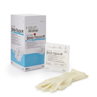 ENCORE® Sensi-Touch® PF 1012604_CS, Surgical Glove, Size 7, Latex, Standard Cuff, Natural with packaging on a white background