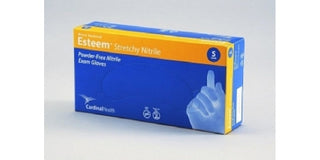 Box of ESTEEM™ Stretch 783075_CS, Nitrile Exam Glove, Medium,Standard Cuff, Textured Fingertips,Teal with blue and yellow design on a white background